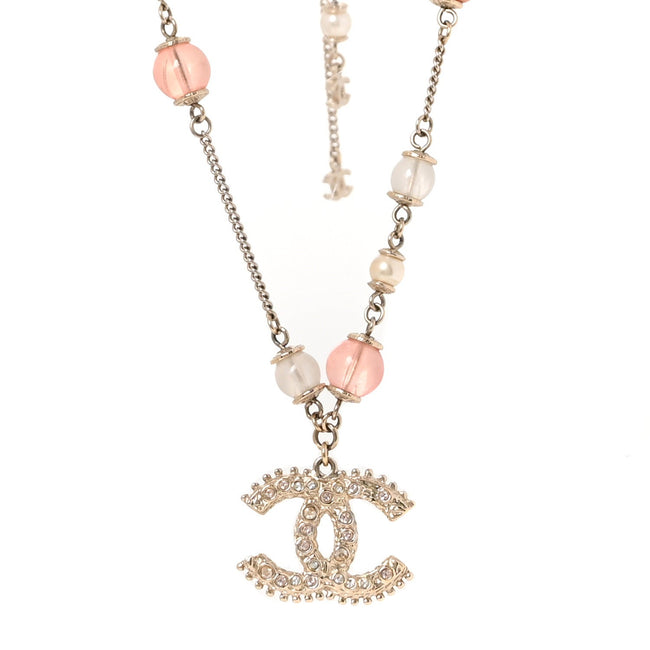 Beaded Pearl Crystal CC Long Necklace Gold Coral Hover Image