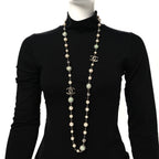 Pearl Beaded CC Long Necklace Silver Green