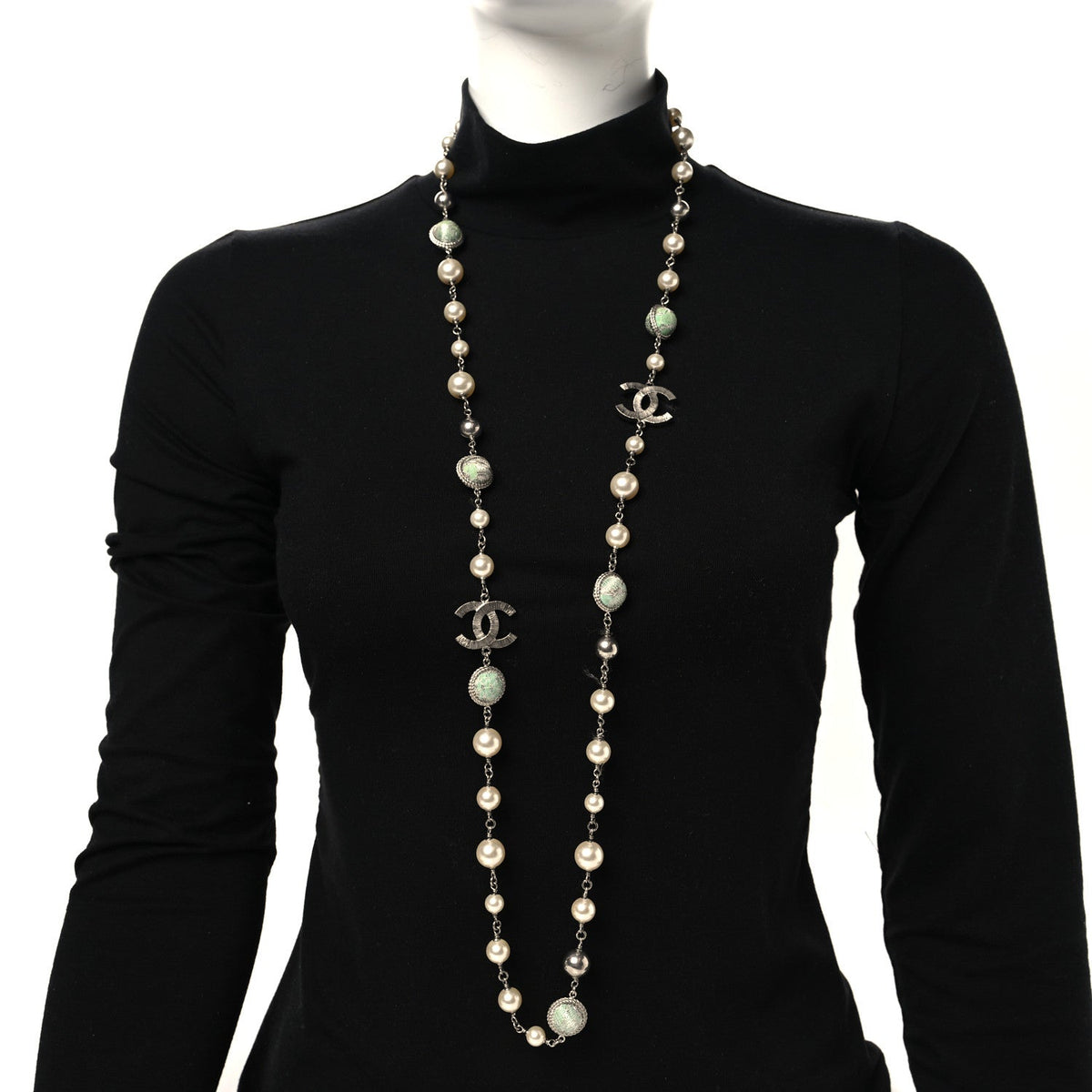 Pearl Beaded CC Long Necklace Silver Green
