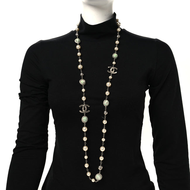 Pearl Beaded CC Long Necklace Silver Green Main Image