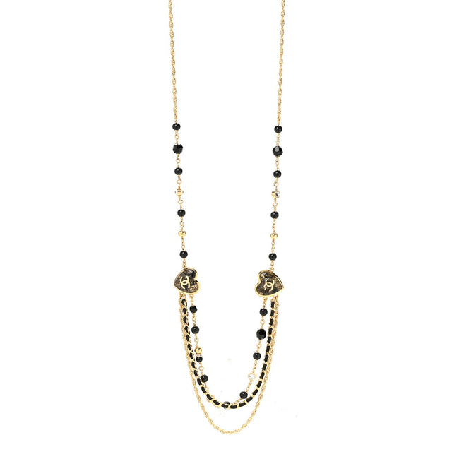 Crystal Beaded CC Heart Long Necklace Gold Black Hover Image