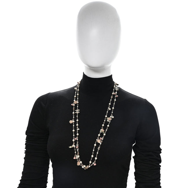 Pearl Enamel CC Camellia Long Necklace Gold Beige Pink Main Image