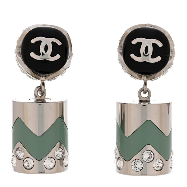 Metal Resin Crystal CC Pendant Earrings Silver Black Green Hover Image