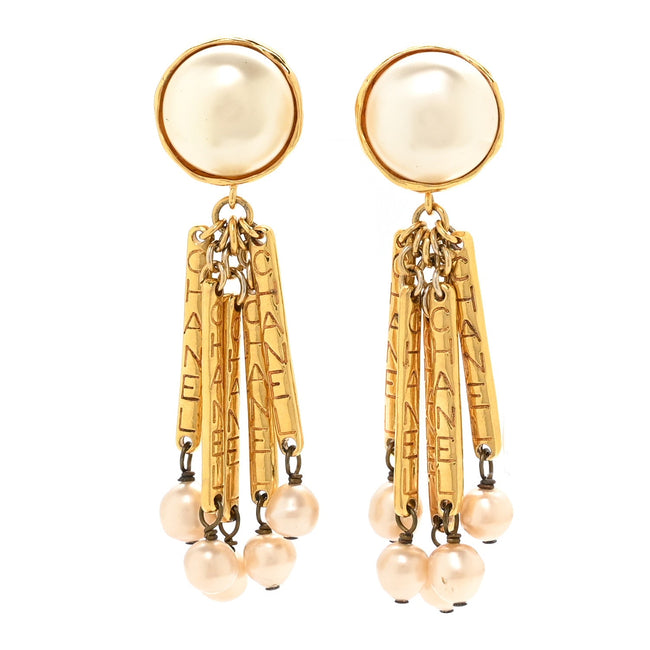 Pearl Baroque Dangle 3.5" Clip Earrings Gold White Hover Image