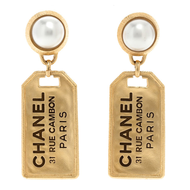 Pearl CC Tags Drop Earrings Gold Hover Image