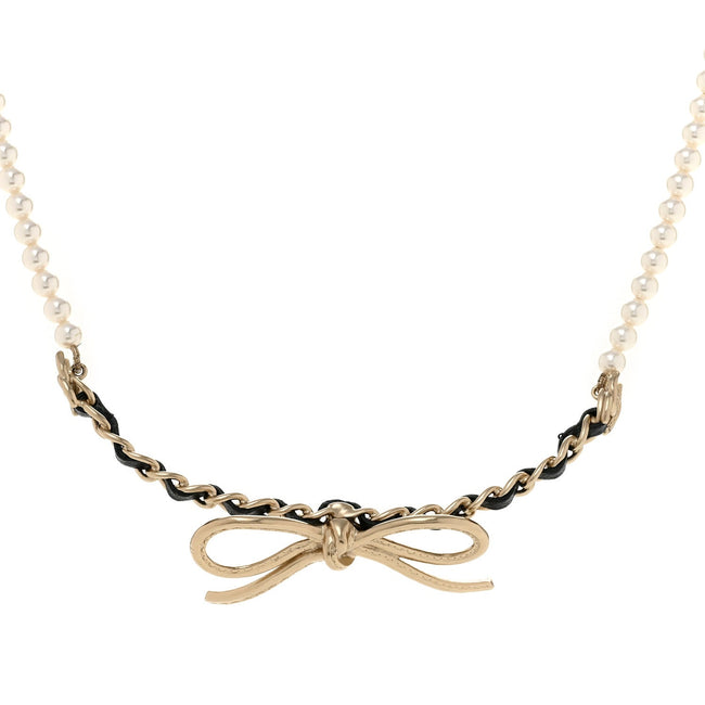 Pearl Lambskin CC Chain Bow Choker Gold Black White Hover Image