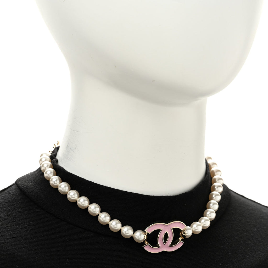 Pearl Enamel CC Choker Necklace Gold White Pink