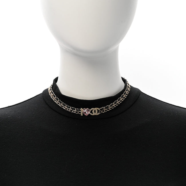 Metal Lambskin Crystal I Heart CC Choker Necklace Gold Black Main Image