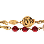 Beaded Pearl CC Long Strand Necklace Gold Red