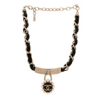 Crystal Pearl Lambskin CC Chain Choker Gold Black Pearly White