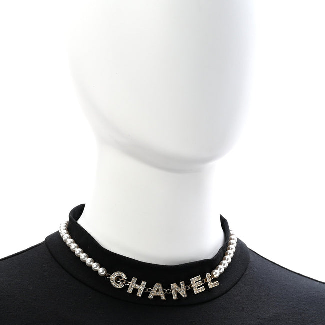 Pearl Crystal CC Logo Choker Necklace Gold Main Image