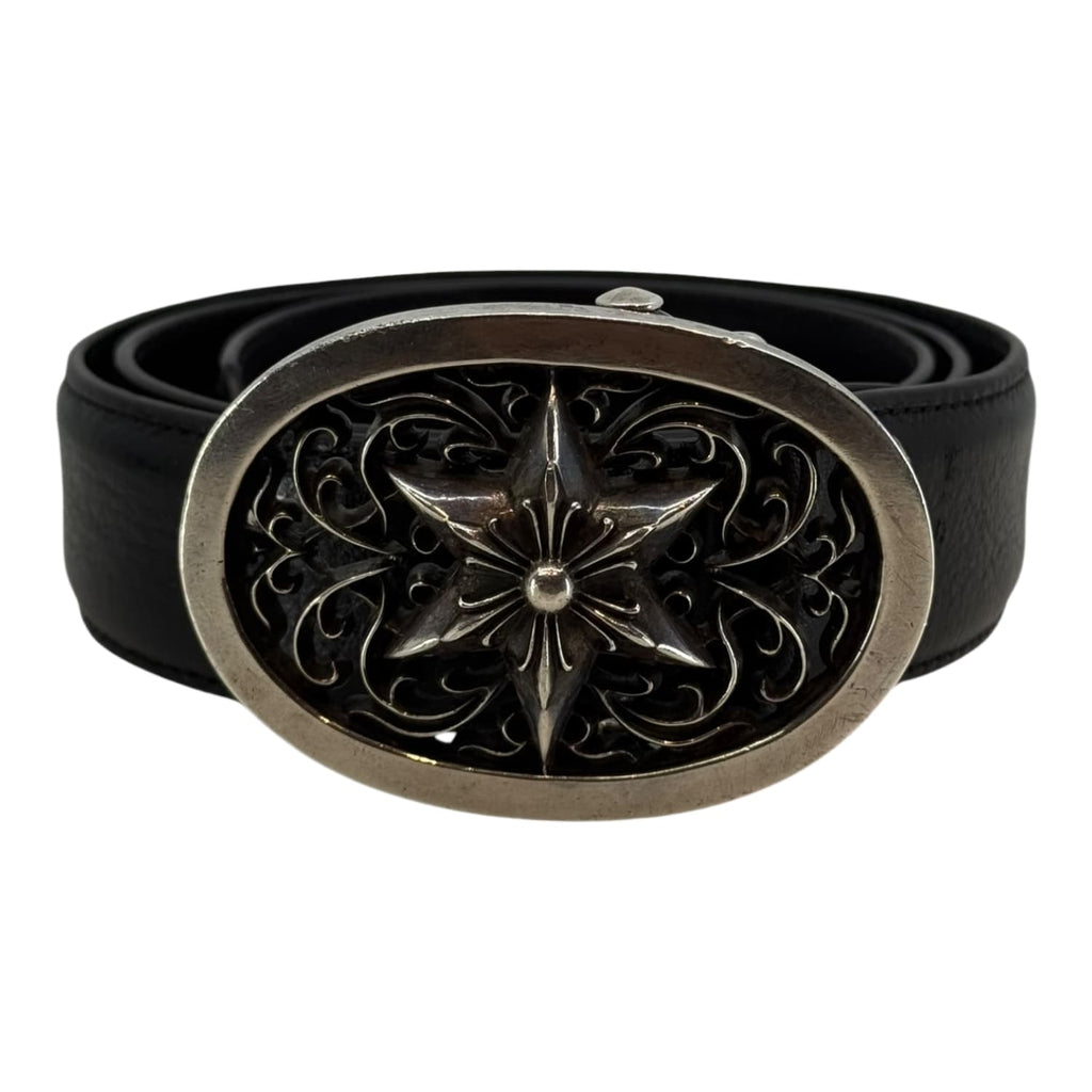 Chrome Hearts Silver Oval Star Black Leather Belt - Size 34