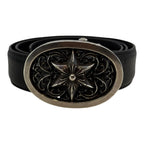 Chrome Hearts Silver Oval Star Black Leather Belt - Size 34