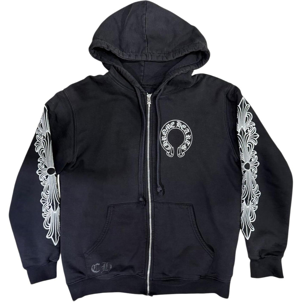 Chrome Hearts Thermal Horseshoe Floral Cross Sleeve Zip Up Hoodie Black/White