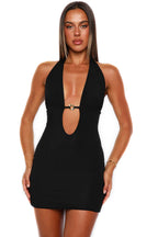 Black Plunge Cutout Ring Mini Dress