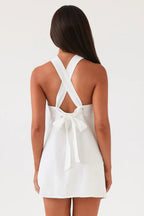 White Halter Bow Mini Dress