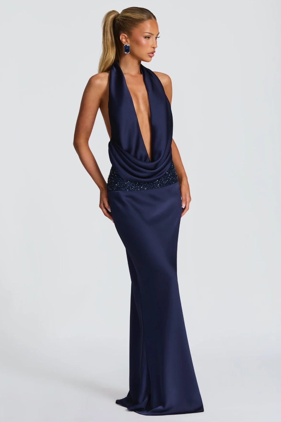 Navy Satin Maxi Dress