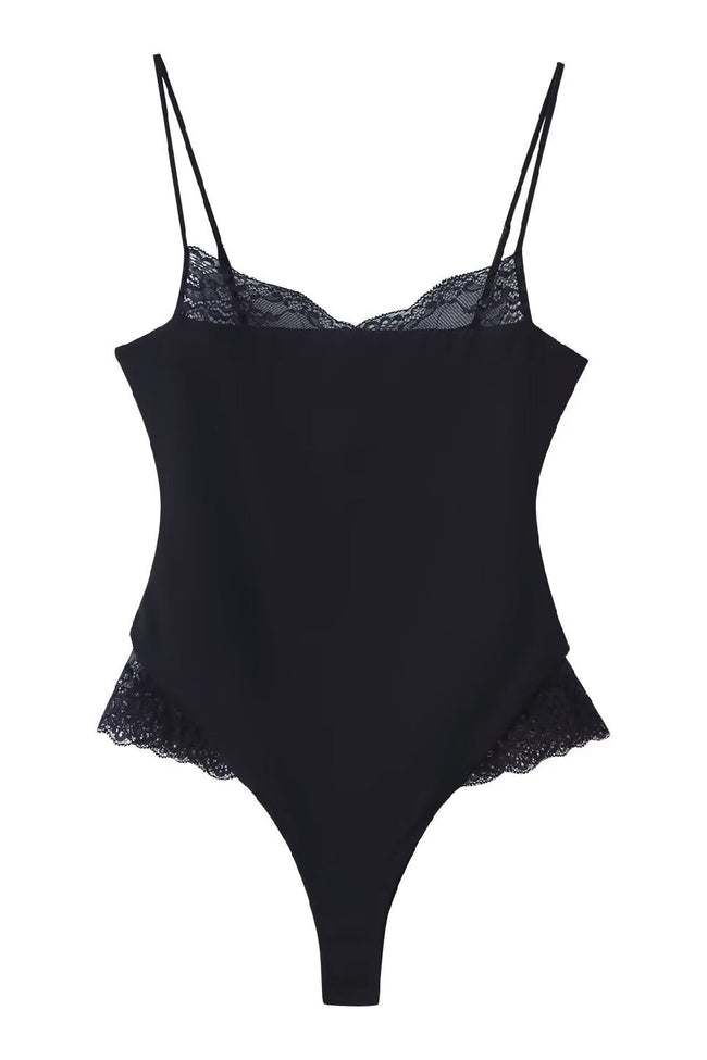 Black Lace V-Neck Fitted Bodysuit Hover Image