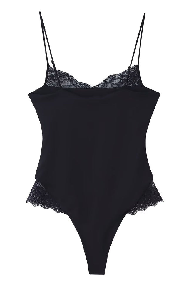 Black Lace V-Neck Fitted Bodysuit Main Image