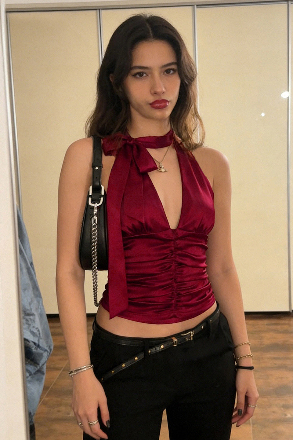 Red Satin Halter Streamer Top