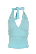 Blue Halter Deep V Ruched Crop
