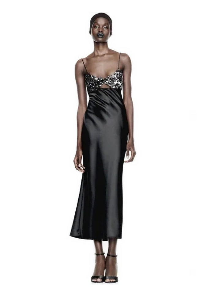 Black Sequin Lace Fishtail Midi Dress Hover Image