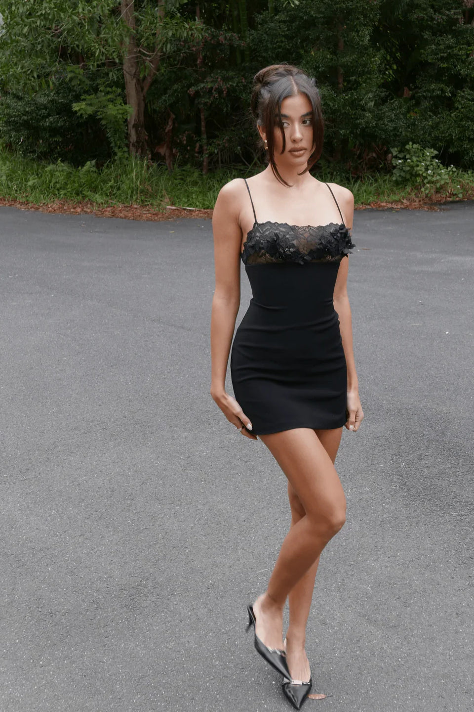 Black Lace Sheer Open Back Mini Dress