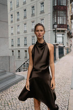 Brown Halter Satin Open Back Midi Dress