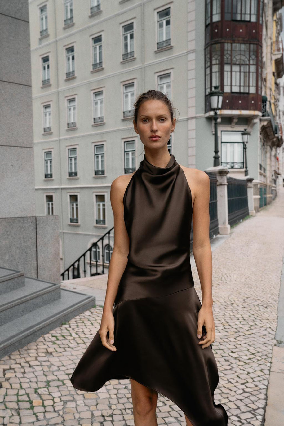 Brown Halter Satin Open Back Midi Dress
