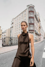 Brown Halter Satin Open Back Midi Dress