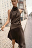 Brown Halter Satin Open Back Midi Dress