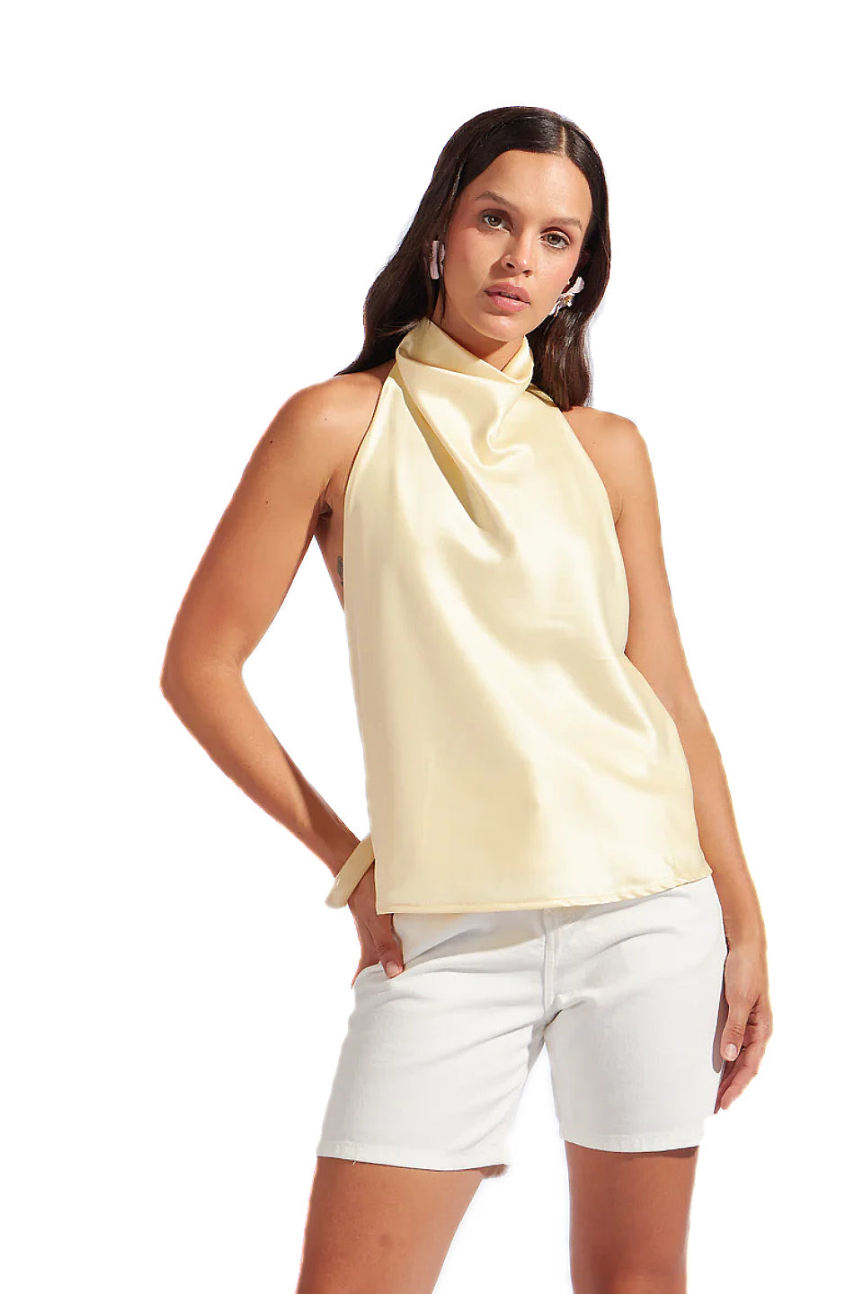 Cream Satin Halter Open Back Top