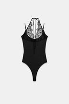 Black Halter Lace Sheer Bodysuit