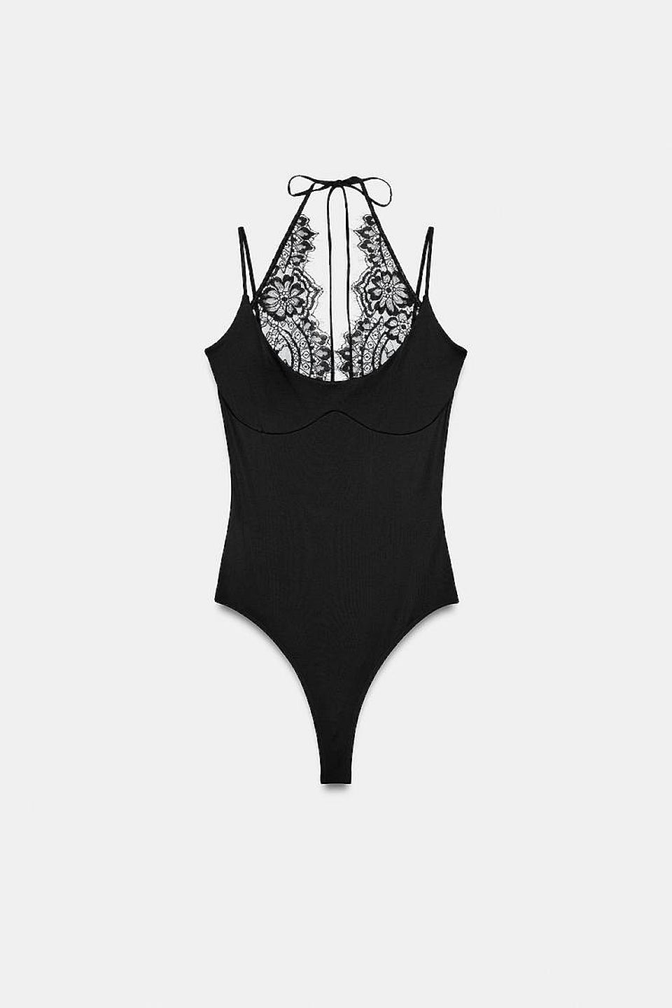 Black Halter Lace Sheer Bodysuit