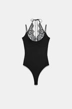 Black Halter Lace Sheer Bodysuit