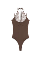 Brown Halter Lace Sheer Bodysuit