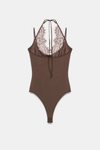 Brown Halter Lace Sheer Bodysuit
