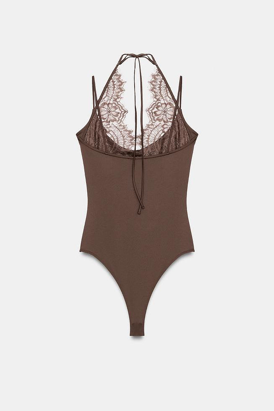 Brown Halter Lace Sheer Bodysuit