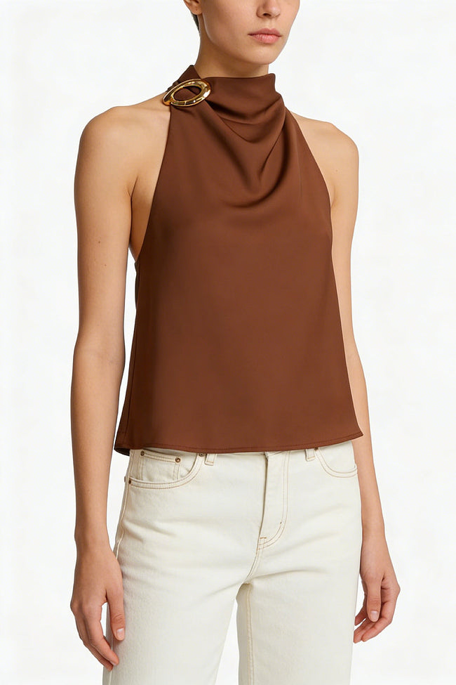 Brown Halter Ring Back Sleeveless Top Hover Image