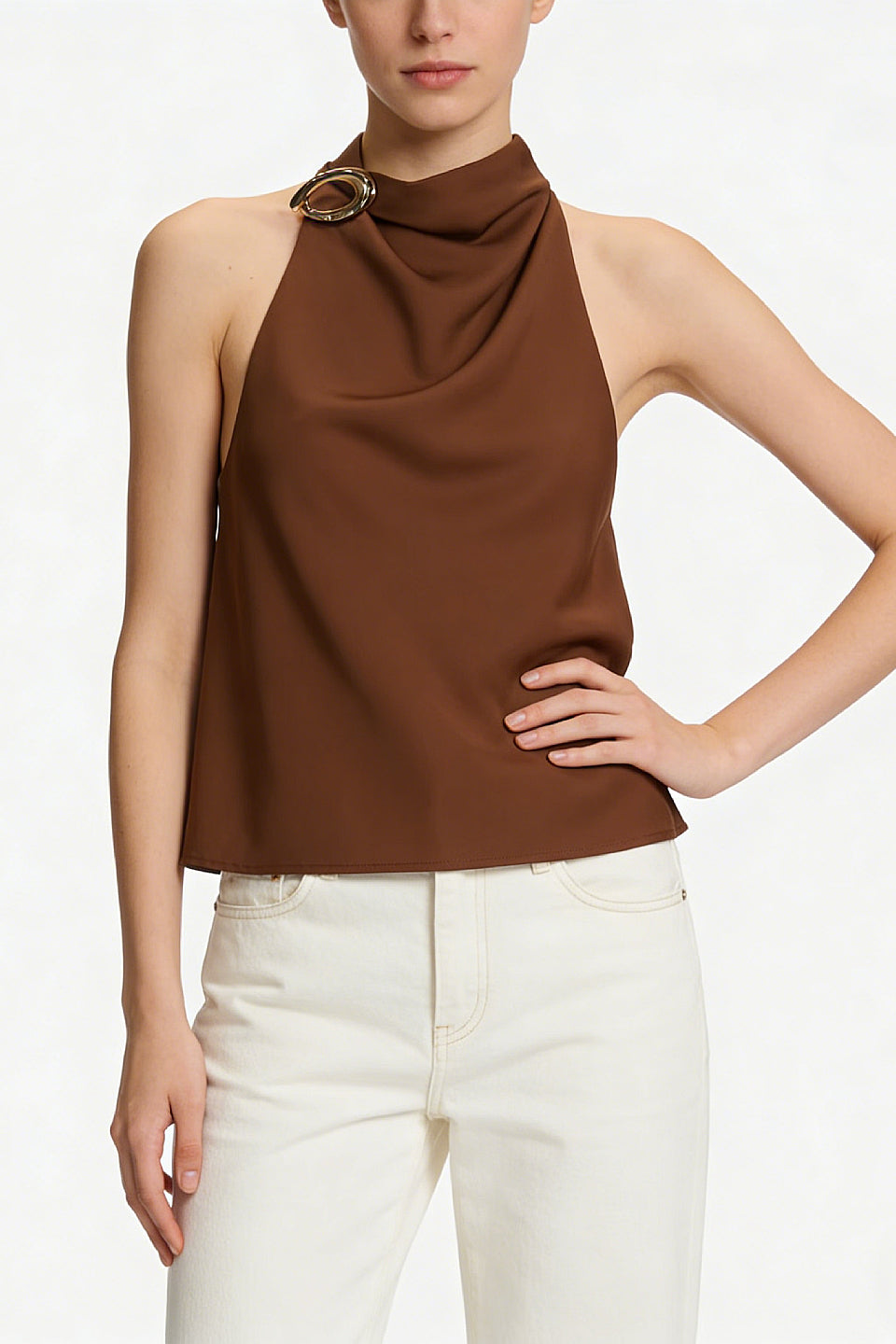 Brown Halter Ring Back Sleeveless Top