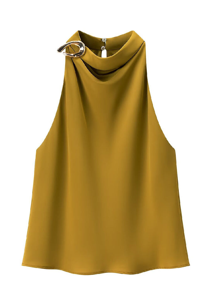 Gold Halter Ring Back Sleeveless Top Hover Image