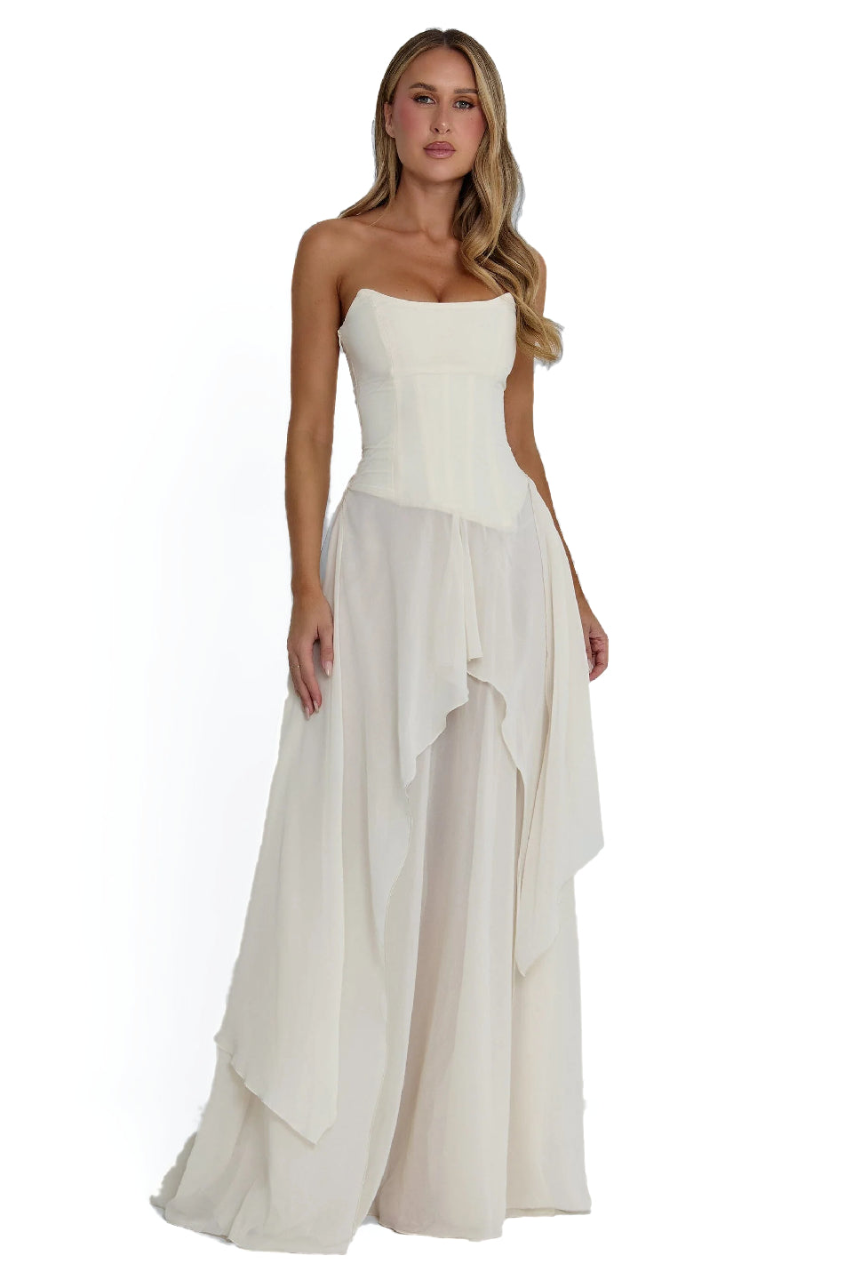 Ivory Boned Chiffon Layered Maxi Dress
