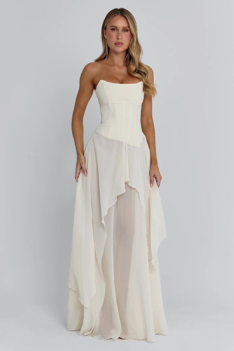 Ivory Boned Chiffon Layered Maxi Dress