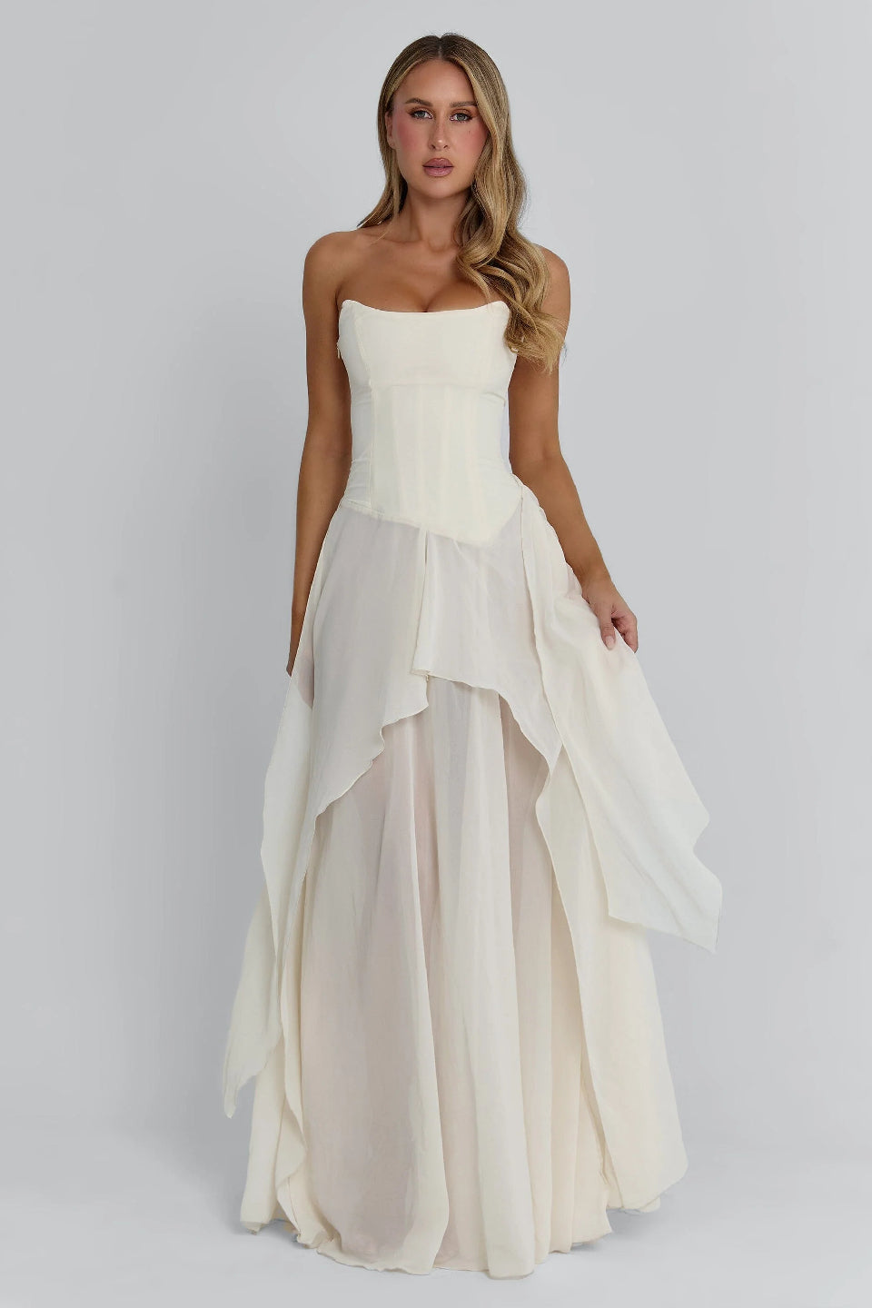 Ivory Boned Chiffon Layered Maxi Dress