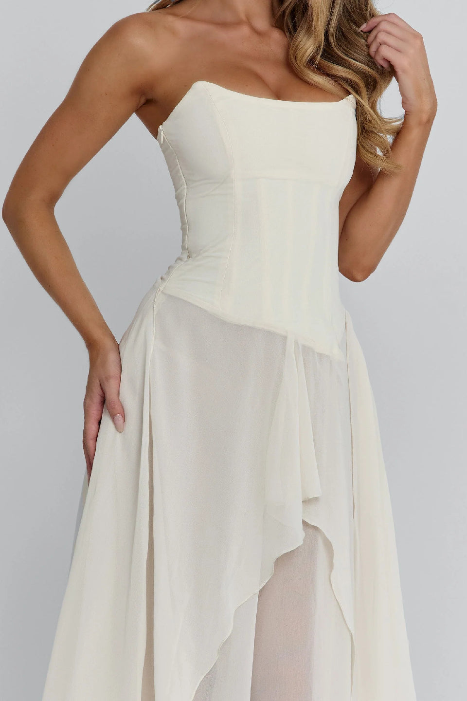 Ivory Boned Chiffon Layered Maxi Dress