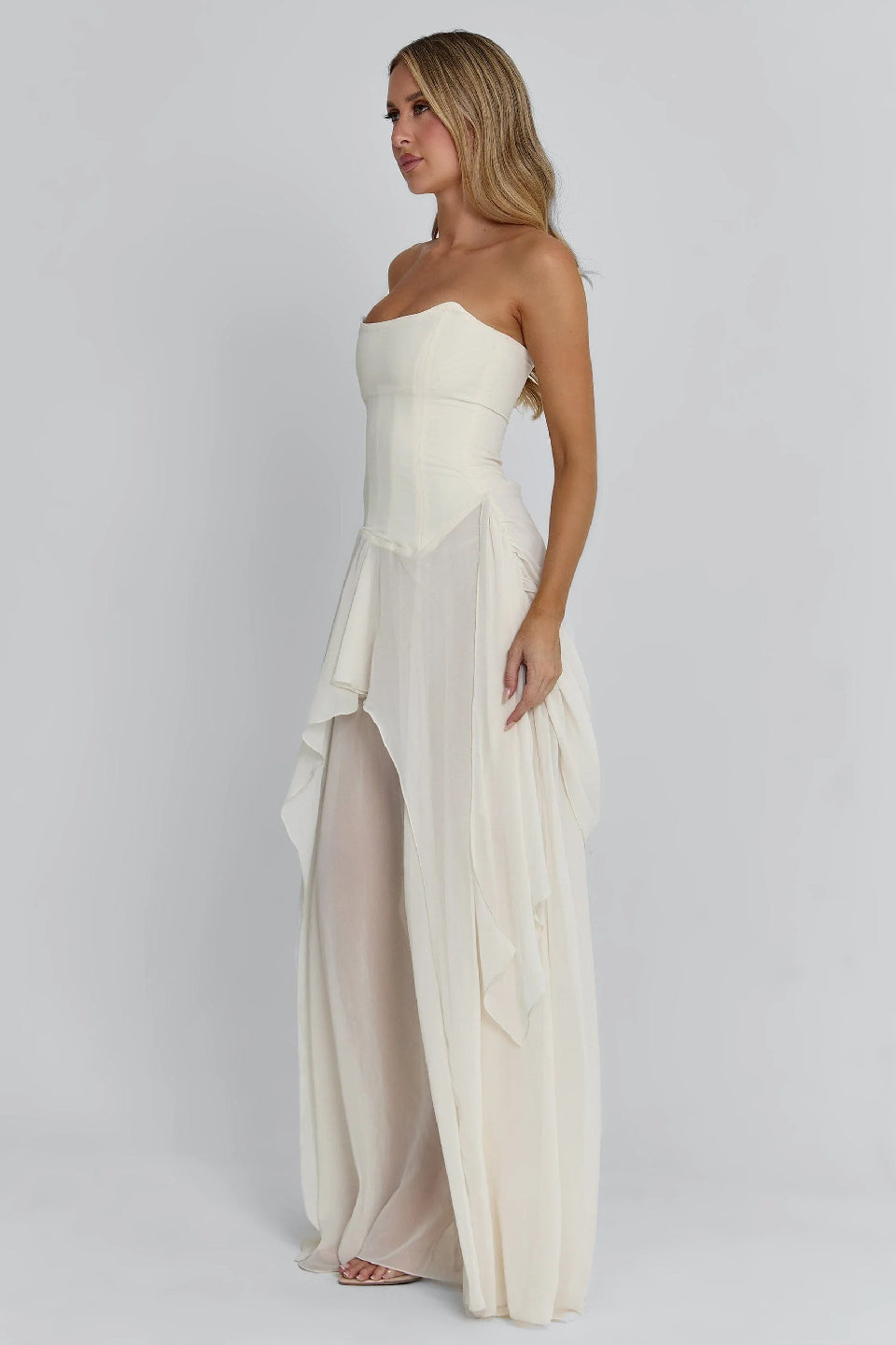 Ivory Boned Chiffon Layered Maxi Dress