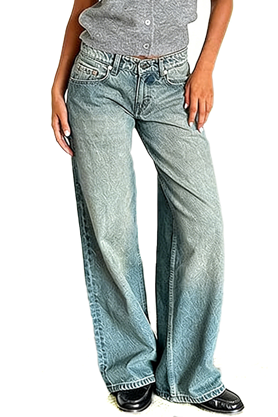 Turquoise Wide Leg Low Rise Jeans