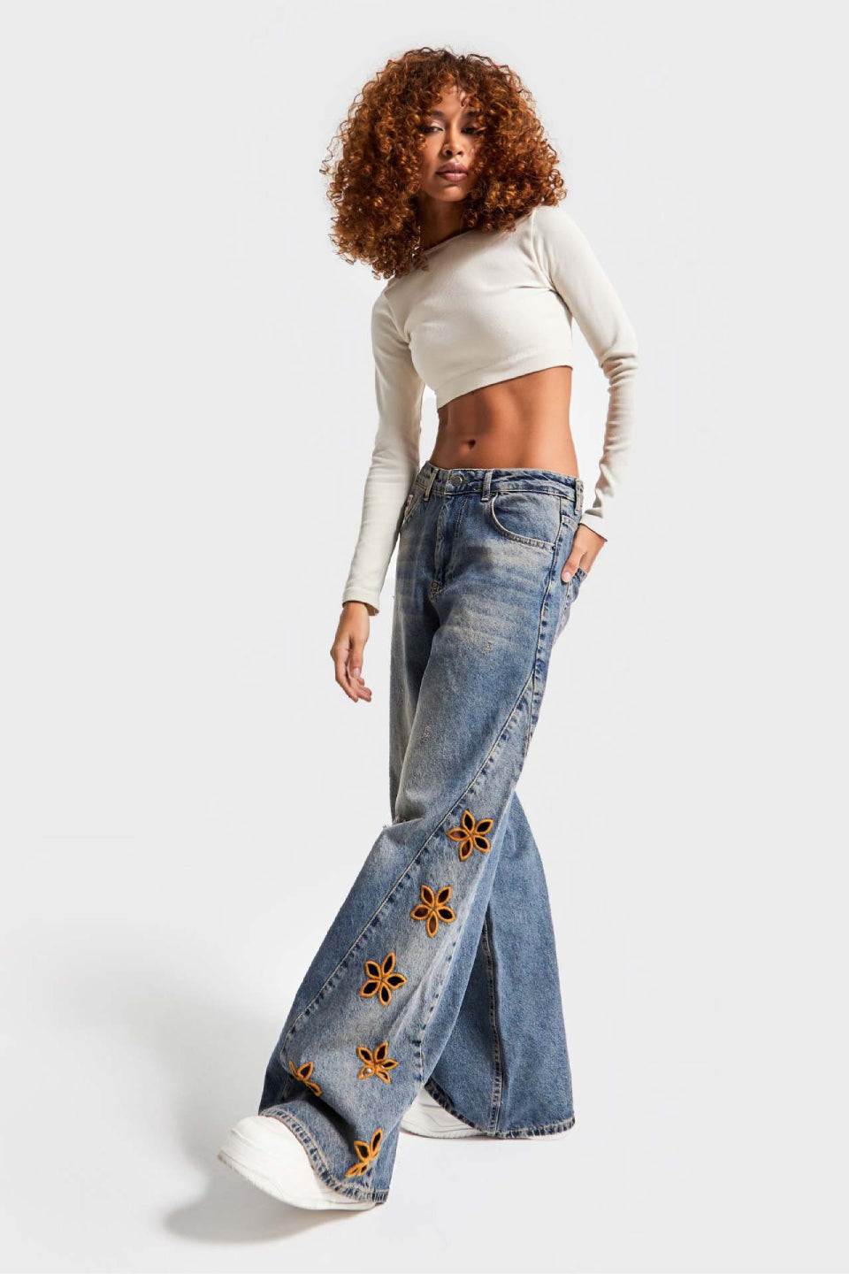 Floral Cutout Distressed Wide Jeans