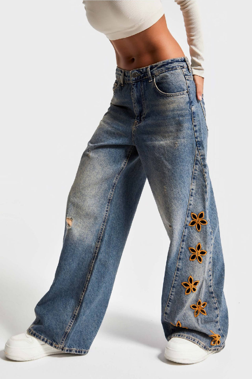 Floral Cutout Distressed Wide Jeans