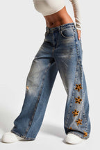 Floral Cutout Distressed Wide Jeans